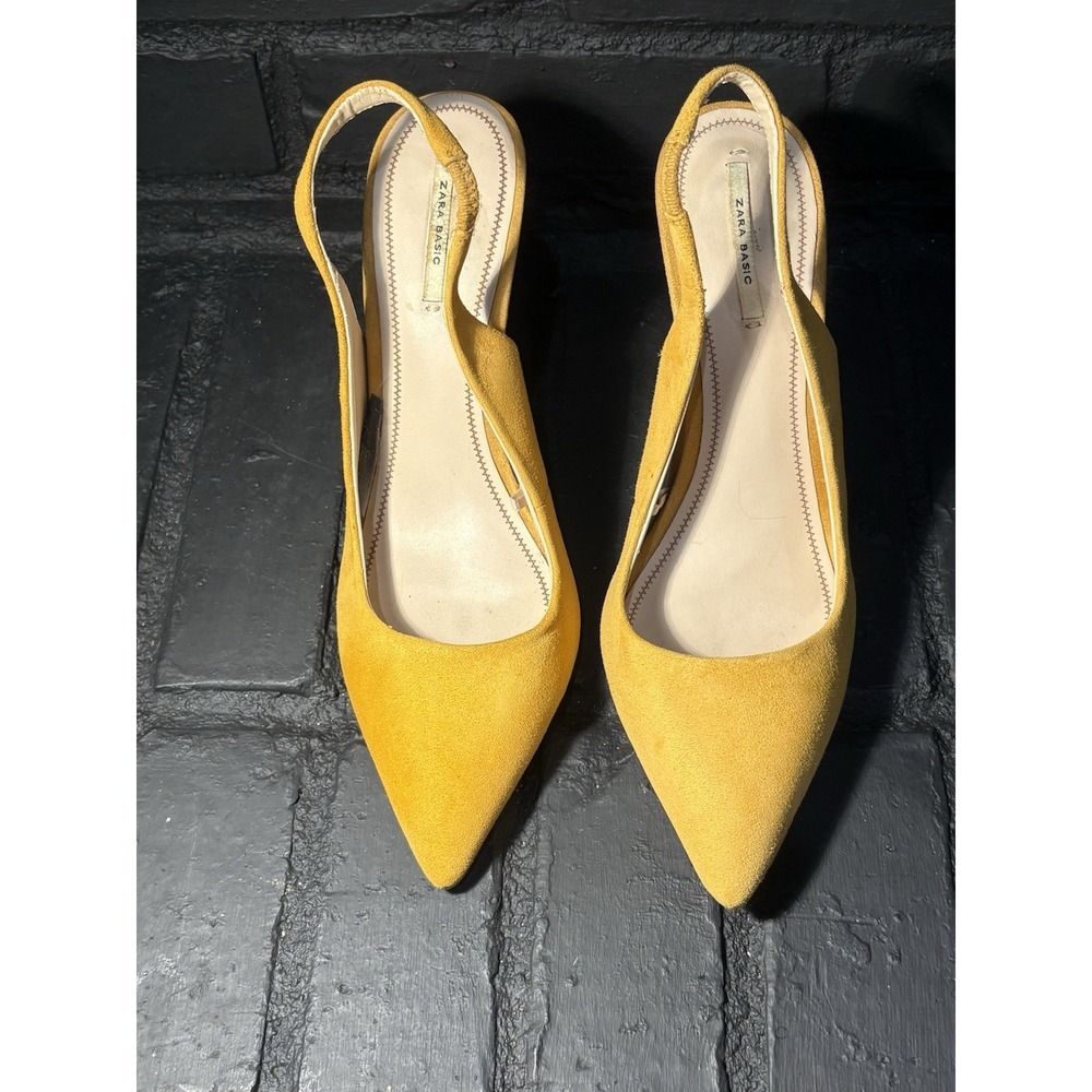 Zara Basic Yellow Suede Slingback Pumps Pointed Toe Stiletto Heels Size 39
